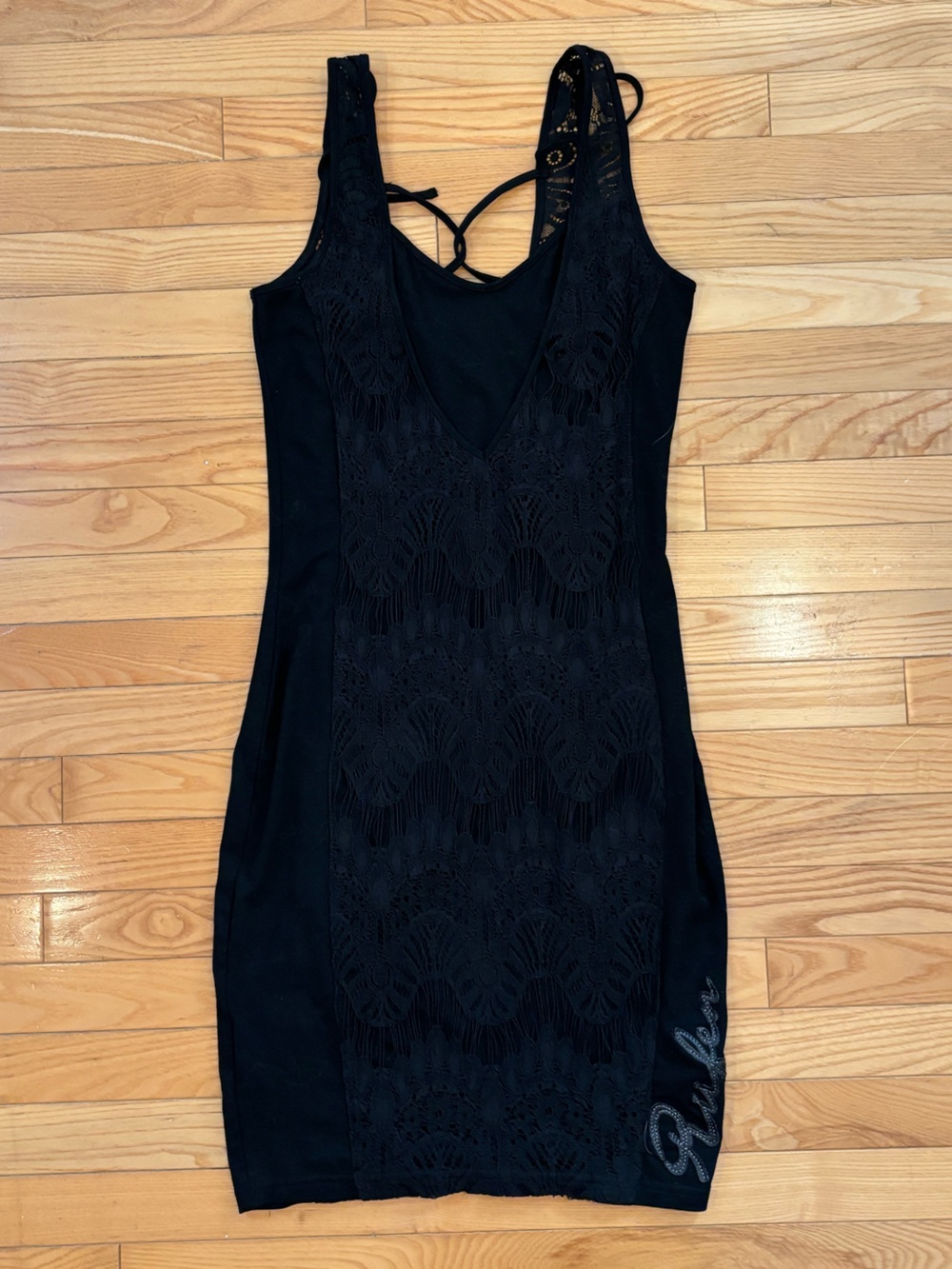 Black Lace-Front Mini Dress with Strappy Back